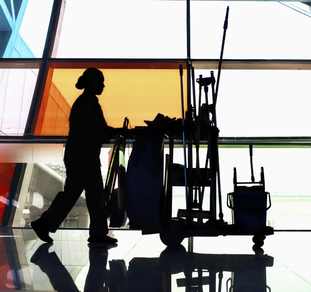 Silhouette image of a member of the cleaning staff pushing a supply cart down a hospital hallway.